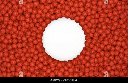 Plein de ballons de basket avec un cercle blanc vide au centre - rendu 3D. Banque D'Images