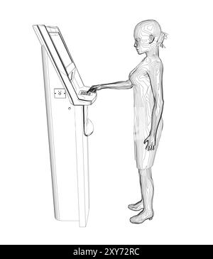 Contour Woman retire de l'argent d'un guichet automatique. Aperçu de la jeune femme utilise terminal. Jeune femme debout à la machine ATM. Illustration vectorielle en style plat Illustration de Vecteur