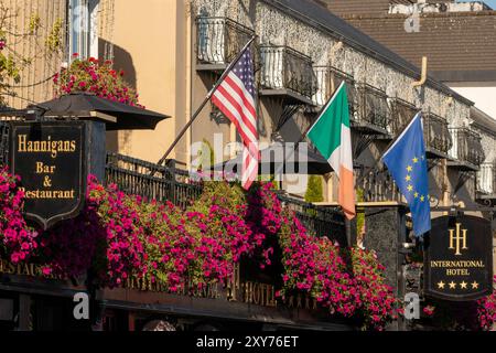 Vue rapprochée des drapeaux et des fleurs de pétunia suspendus paniers sur la façade de l'hôtel International à Killarney, comté de Kerry, Irlande Banque D'Images