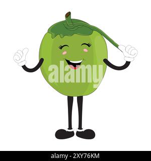 Mascotte de noix de coco mignon dessin animé posant. Illustration vectorielle, Happy Coconut Character Summer Design avec une paille, une tranche de citron et un petit parapluie Illustration de Vecteur