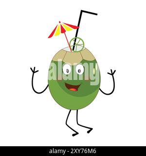 Mascotte de noix de coco mignon dessin animé posant. Illustration vectorielle, Happy Coconut Character Summer Design avec une paille, une tranche de citron et un petit parapluie Illustration de Vecteur