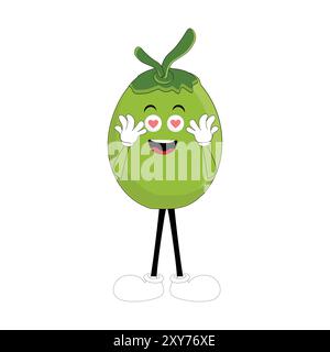 Mascotte de noix de coco mignon dessin animé posant. Illustration vectorielle, Happy Coconut Character Summer Design avec une paille, une tranche de citron et un petit parapluie Illustration de Vecteur