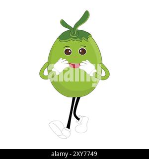 Mascotte de noix de coco mignon dessin animé posant. Illustration vectorielle, Happy Coconut Character Summer Design avec une paille, une tranche de citron et un petit parapluie Illustration de Vecteur