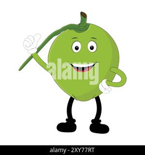 Mascotte de noix de coco mignon dessin animé posant. Illustration vectorielle, Happy Coconut Character Summer Design avec une paille, une tranche de citron et un petit parapluie Illustration de Vecteur