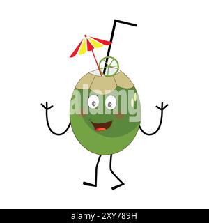 Mascotte de noix de coco mignon dessin animé posant. Illustration vectorielle, Happy Coconut Character Summer Design avec une paille, une tranche de citron et un petit parapluie Illustration de Vecteur