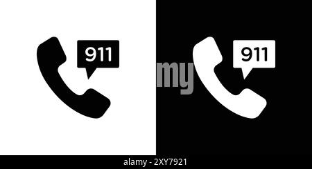 Appeler 911 icône de numéro de téléphone définie en noir et blanc. vecteur plat simple Illustration de Vecteur