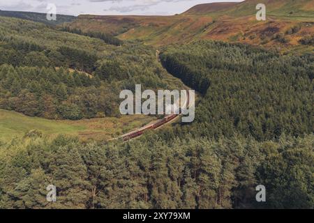 Près de Levisham, North Yorkshire, Angleterre, Royaume-Uni : le 13 septembre 2018 : un train de l'historique passage ferroviaire North Yorkshire Moors, Newtondale vu de S Banque D'Images