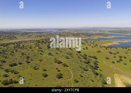 Barrage lac réservoir drone vue aérienne du paysage d'oliviers Barragem do Caia Dam en Alentejo, Portugal, Europe Banque D'Images