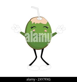 Mascotte de noix de coco, illustration de conception estivale du personnage Happy Coconut Mascot avec paille, tranche de citron et petit parapluie, tandis qu'un autre donne les pouces Illustration de Vecteur