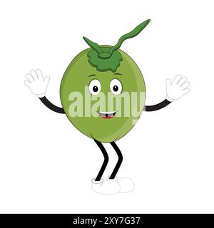 Mascotte de noix de coco, illustration de conception estivale du personnage Happy Coconut Mascot avec paille, tranche de citron et petit parapluie, tandis qu'un autre donne les pouces Illustration de Vecteur