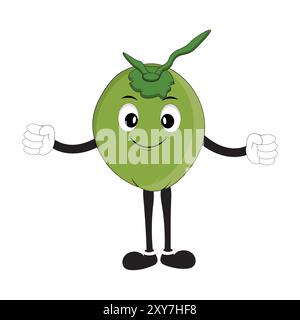 Mascotte de noix de coco, illustration de conception estivale du personnage Happy Coconut Mascot avec paille, tranche de citron et petit parapluie, tandis qu'un autre donne les pouces Illustration de Vecteur