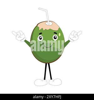 Mascotte de noix de coco, illustration de conception estivale du personnage Happy Coconut Mascot avec paille, tranche de citron et petit parapluie, tandis qu'un autre donne les pouces Illustration de Vecteur