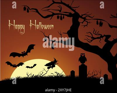 Une affiche sur le thème d'Halloween avec des chauves-souris volant autour d'un arbre et un hibou assis sur une pierre tombale. L'affiche dit « Happy Halloween » en caractères gras Illustration de Vecteur