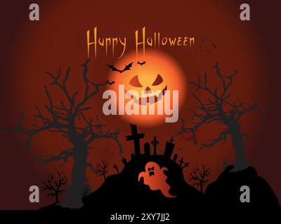 Une affiche sur le thème d'Halloween avec une lune, des chauves-souris et un squelette. L'affiche dit « Happy Halloween » et présente un fantôme Illustration de Vecteur