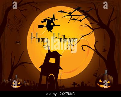 Une affiche sur le thème d'Halloween avec une sorcière volant au-dessus d'une lune et d'une maison. L'affiche dit « Happy Halloween » en caractères gras Illustration de Vecteur