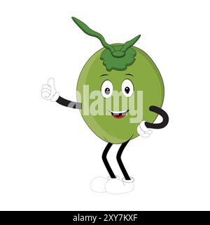 Mascotte de noix de coco, illustration de conception estivale du personnage Happy Coconut Mascot avec paille, tranche de citron et petit parapluie, tandis qu'un autre donne les pouces Illustration de Vecteur