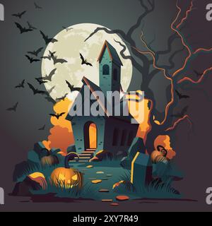 Nuit d'Halloween au cimetière avec lune et chauves-souris Illustration de Vecteur
