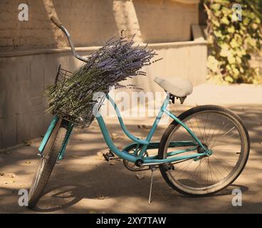 Vintage bycycle avec panier de fleurs de lavande à l'extérieur Banque D'Images