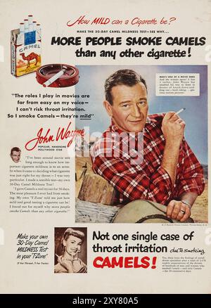 Vedette WESTERN hollywoodienne John Wayne (années 1950). Publicité pour les cigarettes Camel. Banque D'Images