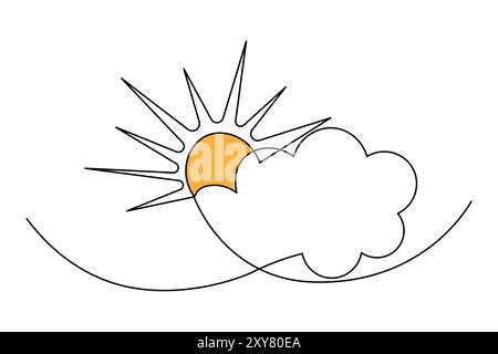 Soleil et nuage dessin continu d'une ligne de l'icône de vecteur de silhouette de contour isolé Illustration de Vecteur