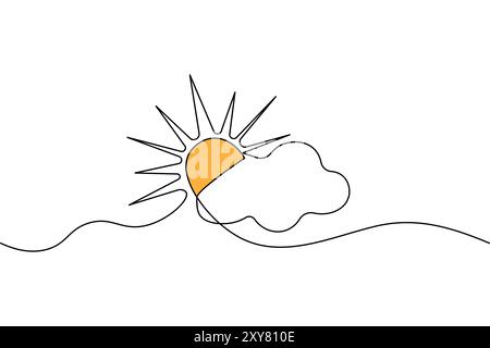 Soleil et nuage dessin continu d'une ligne de l'icône de vecteur de silhouette de contour isolé Illustration de Vecteur