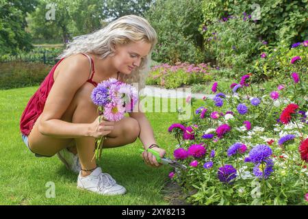 Jeune femme néerlandaise pruneaux fleurs d'été colorés en arrière-cour Banque D'Images