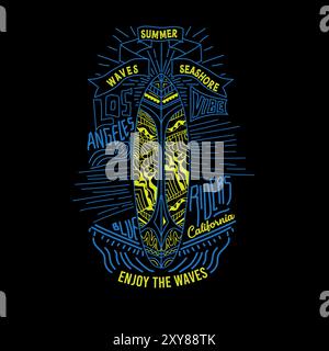 Surfeurs d'été typographie dessinée à la main planche de surf california Waves design Illustration de Vecteur