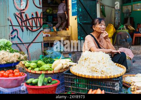 Hanoi, Vietnam - 9 novembre 2023 : une femme est vue vendre de la nourriture et des légumes dans un marché de rue dans les rues de Hanoi. L'économie vietnamienne est en marche Banque D'Images