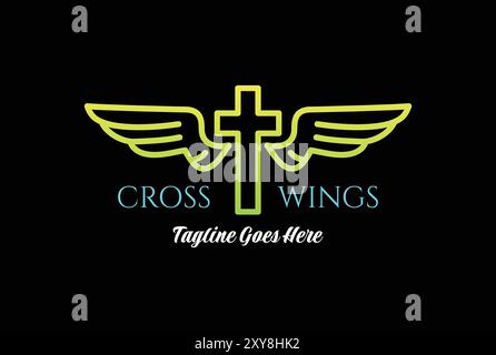 Simple minimaliste Christian Catholic Jesus Cross avec Wings Monogram Line pour Angel Church Chapel logo Design Illustration de Vecteur