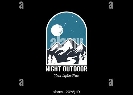 Night Sky Pine Evergreen Spruce Conifer Larch Cypress Fir Forest avec Lake Creek River badge emblème pour Outdoor Camp Adventure T shirt logo Illustration de Vecteur