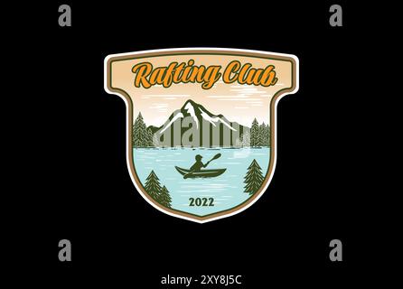 Emblème bouclier badge montagne Pine Evergreen Conifer Fir Trees Forest avec Lake River Creek pour l'aventure en plein air Rafting kayak canoë T-shirt logo d Illustration de Vecteur