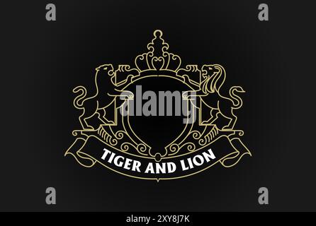 Vintage Retro ornement bordure vierge cadre Royal avec Lion et Tiger Shield badge Emblem Label logo Design vecteur Illustration de Vecteur