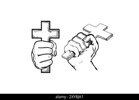 Esquisse dessinée à la main Hold Wooden Metal Jesus Christian Catholic Cross illustration Vector Illustration de Vecteur