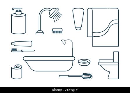 Ligne de salle de bain icône Set baignoire eau fermée brosse à dents pâte shampooing serviette tissu illustration vecteur Illustration de Vecteur