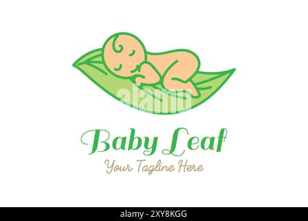 Adorable Cute Funny Baby Sleeping on Leaf Plant Tree logo Design Vector Illustration de Vecteur