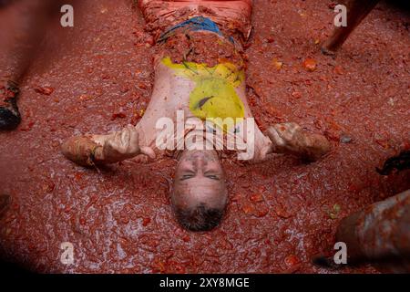 Madrid, Espagne. 28 août 2024. Une année de plus, le populaire festival la Tomatina a été célébré dans la ville valencienne de Buñol. 6 camions avec 120 000 kilos de tomates ont été jetés parmi les plus de 22 000 participants du festival. D. Canales Carvajal/Alamy Live News Banque D'Images