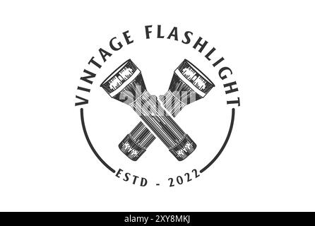 Vintage dessiné à la main croisée logo de lampe de poche vecteur de conception Illustration de Vecteur