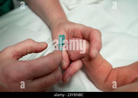 Médecin effectuant une procédure de prélèvement sanguin sur un nouveau-né dans un hôpital. Banque D'Images