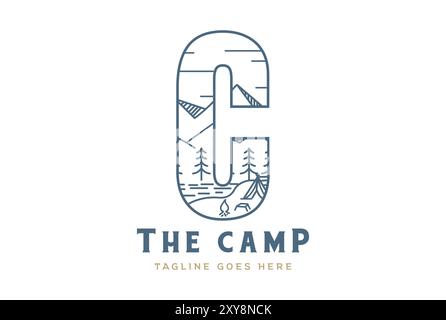 Mountain Forest Lake et tente dans la lettre C pour Camp Outdoor Adventure logo Design Illustration de Vecteur