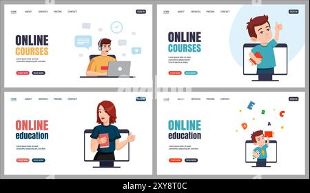 People with book Shows thumbs up from computer monitor. Online Education concept Web page design set. Vector Illustration de Vecteur