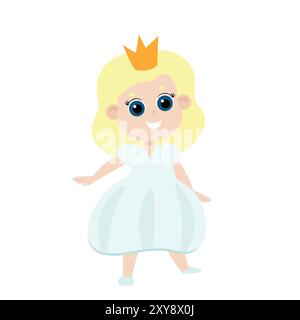 Petite fille de princesse dans la couronne dans le style de bande dessinée isolé sur fond blanc. La fille a les cheveux blonds et une robe luxuriante. Illustration de Vecteur