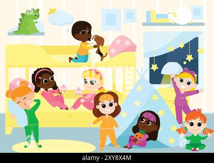 Fête de pyjama pour enfants dans la chambre dans un style de dessin animé. Les enfants mangent des cupcakes, jouent, dansent, parlent près du lit double. Illustration de Vecteur