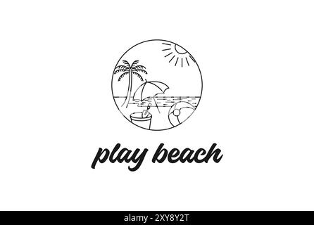 Fun Beach avec ballon et pot de sable et parapluie pour enfants jouer voyage vacances logo Design Illustration de Vecteur