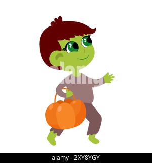 Un petit enfant est vêtu d'un costume de zombie. L'enfant est très mignon et tient un panier en forme de gourde et un trident. Personnage d'Halloween en cartoo Illustration de Vecteur