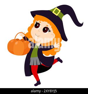 Petite sorcière mignonne aux cheveux roux. La fille est habillée dans un costume de sorcière et s'amuse à courir avec un panier de citrouilles pour des bonbons. Personnage d'Halloween Illustration de Vecteur