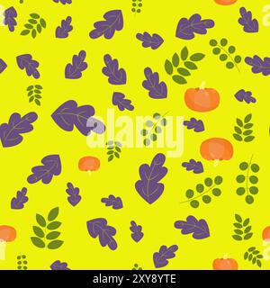 Feuilles de motif sans couture et citrouilles sur un fond jaune. Modèle pour emballage, textiles, papiers peints. Illustration de Vecteur