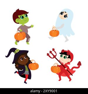 Halloween set avec des personnages de style dessin animé isolés sur un fond blanc. Les enfants dans la sorcière, les zombies, les démons et les fantômes. Illustration de Vecteur