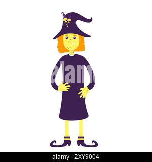 Une sorcière dans une robe violette et un chapeau avec des tabourets, shod dans des chaussures. Le personnage d'Halloween est souriant, elle a les cheveux roux et est incroyablement adorable. Illustration de Vecteur