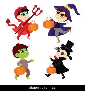 Ensemble d'Halloween avec des personnages de style dessin animé isolés sur un fond blanc. Enfants dans le costume du sorcier, zombie, diable, vampire et fantôme. Illustration de Vecteur