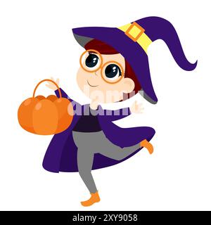 Un enfant dans un costume de sorcier et un chapeau court avec un panier de bonbons. Le personnage d'Halloween est joyeux et heureux. Illustration de dessin animé isolé sur backgr blanc Illustration de Vecteur
